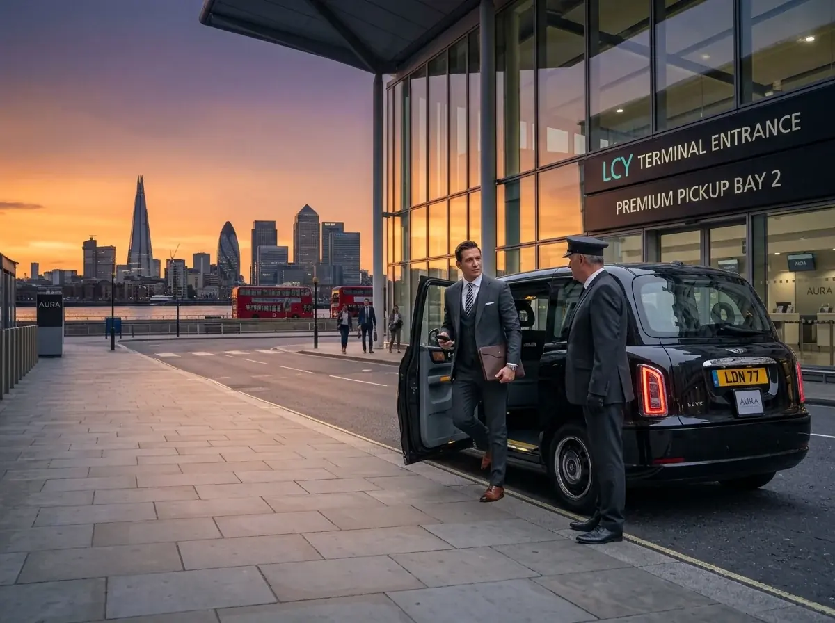 Chauffeur meeting a passenger beside a taxi at an airport terminal entrance at sunset