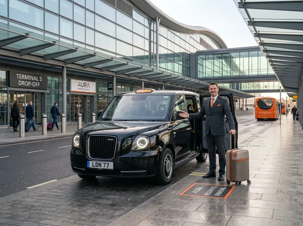 Black taxi and driver with a suitcase at an airport terminal drop-off zone