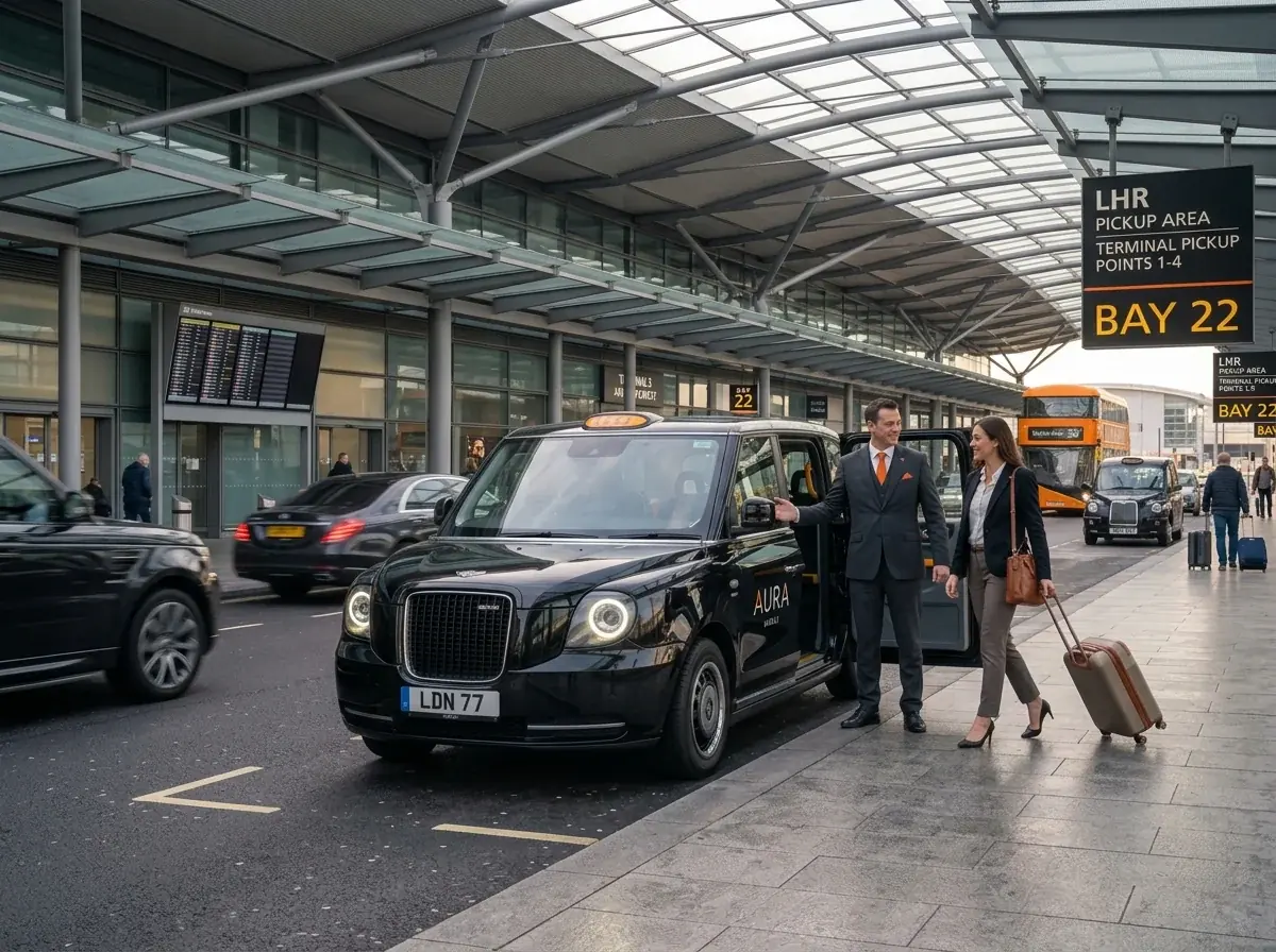 Passengers with luggage meeting their taxi at an airport terminal pickup bay