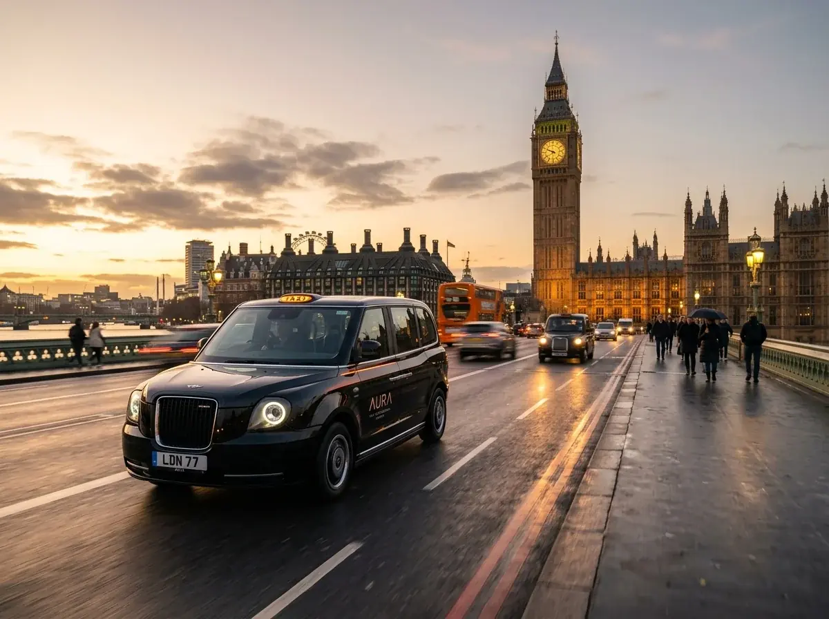 Black taxi on a bridge with Big Ben and the Houses of Parliament at sunset