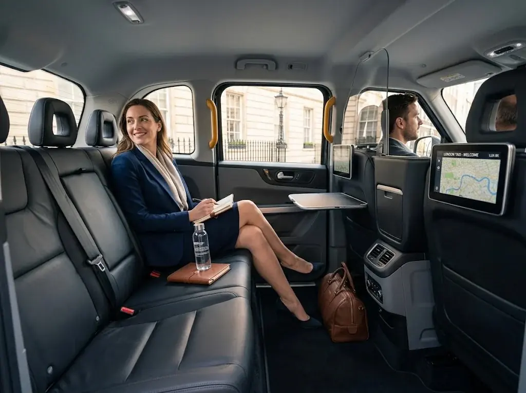 Business passenger seated in the back of a taxi reviewing documents