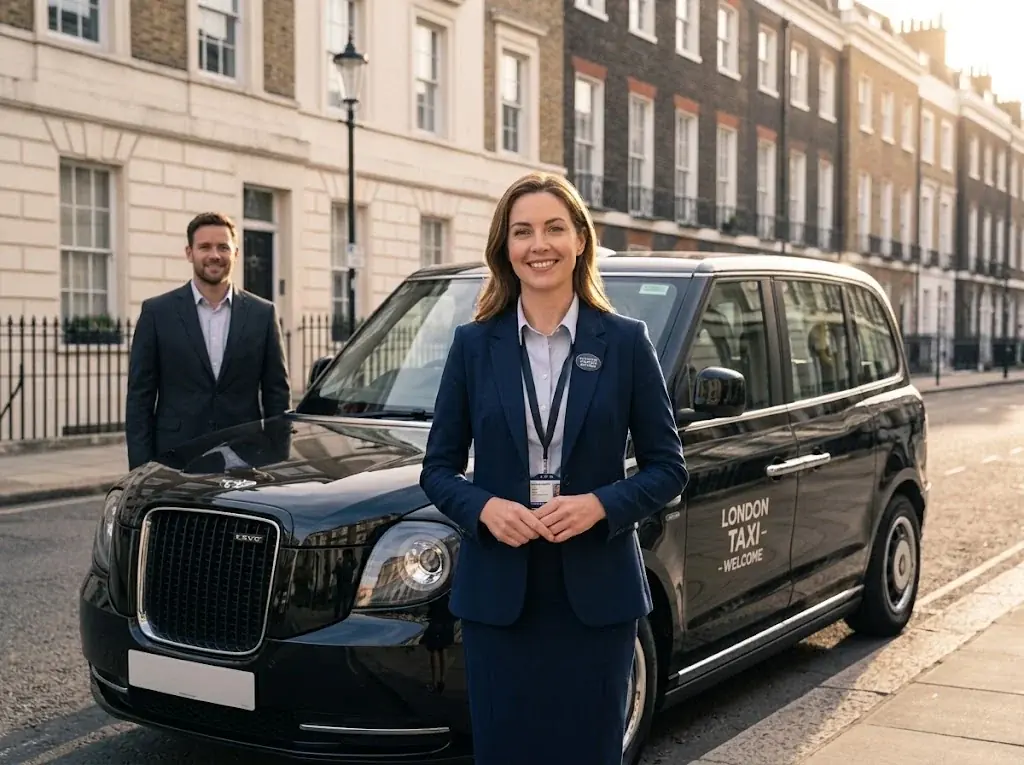 Two uniformed drivers standing beside a black taxi on a Georgian London street