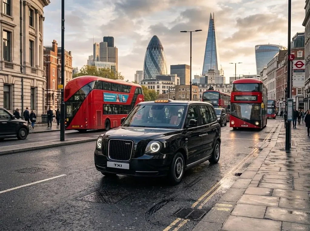Black taxi in the City of London with the Gherkin and the Shard at sunset
