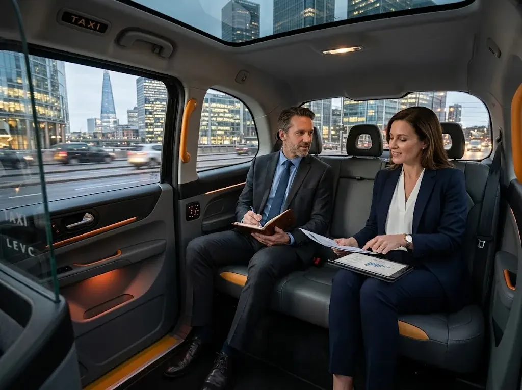 Two business colleagues holding a meeting in the back of a taxi