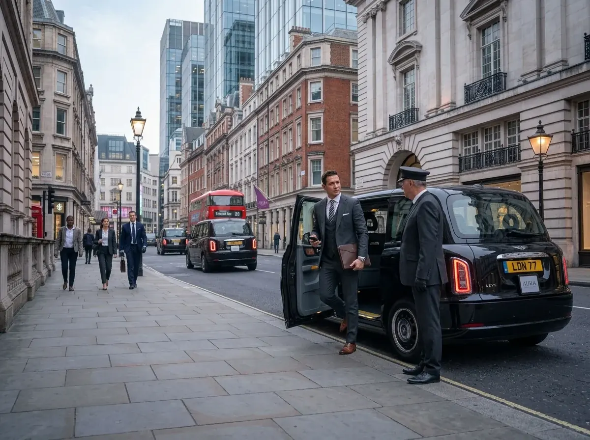 Chauffeur holding the rear door of a taxi open for a passenger on a London street