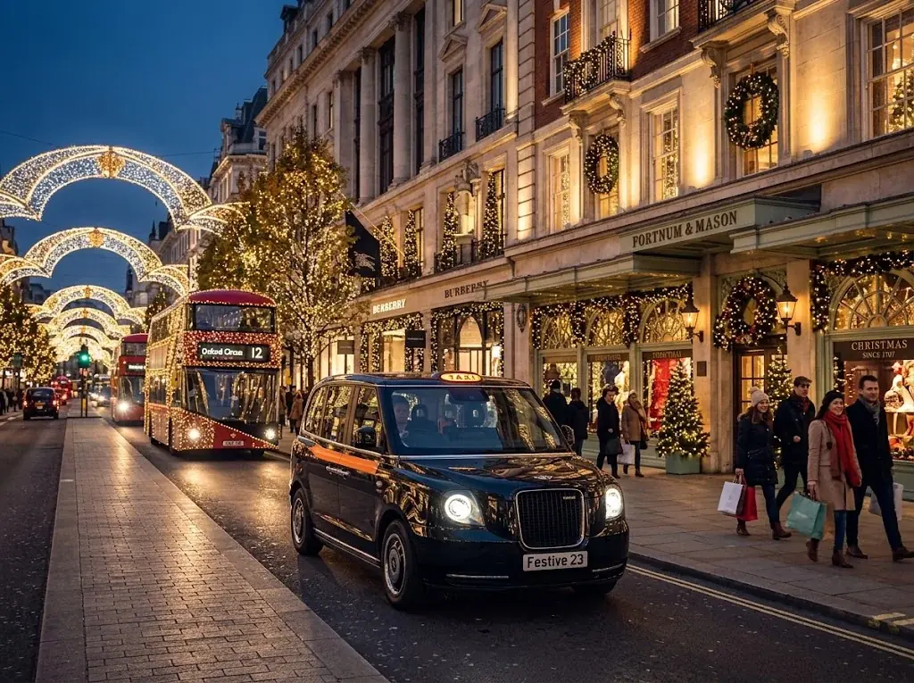 Black taxi on a London shopping street lit with Christmas decorations