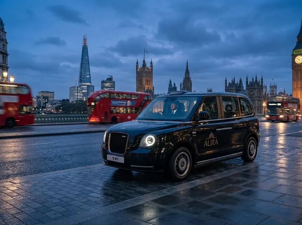 Black taxi parked on the South Bank at dusk with the London skyline behind