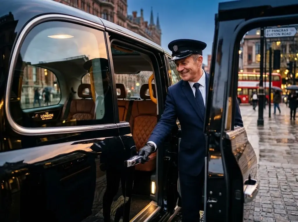 Smiling chauffeur in a cap opening the door of a black taxi