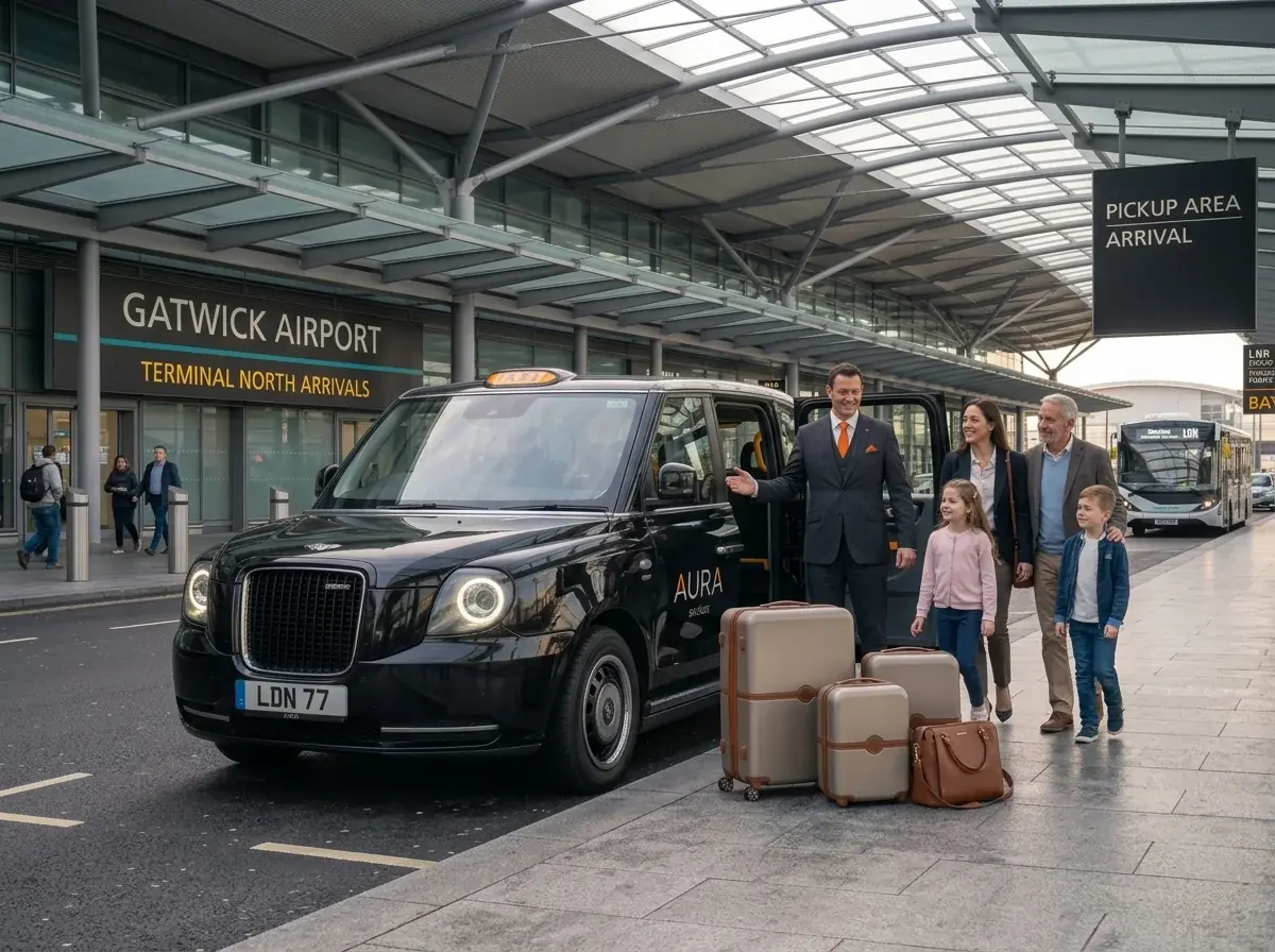 Family with suitcases beside a black taxi at the Gatwick Airport arrivals area