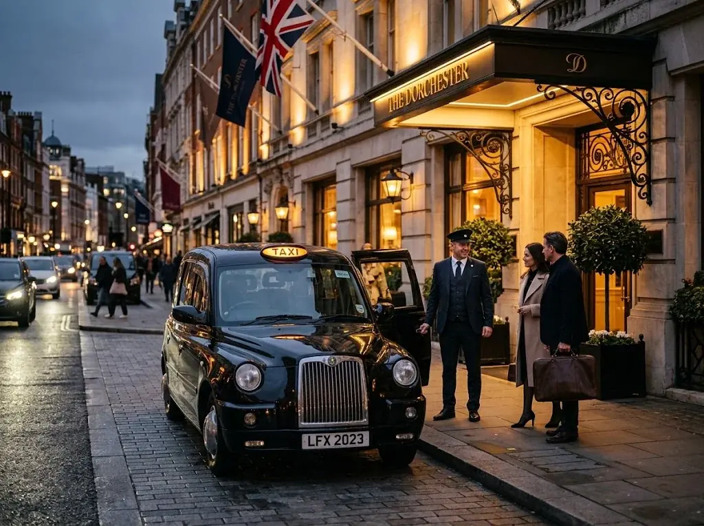 Black taxi outside a London hotel entrance at night as guests are greeted