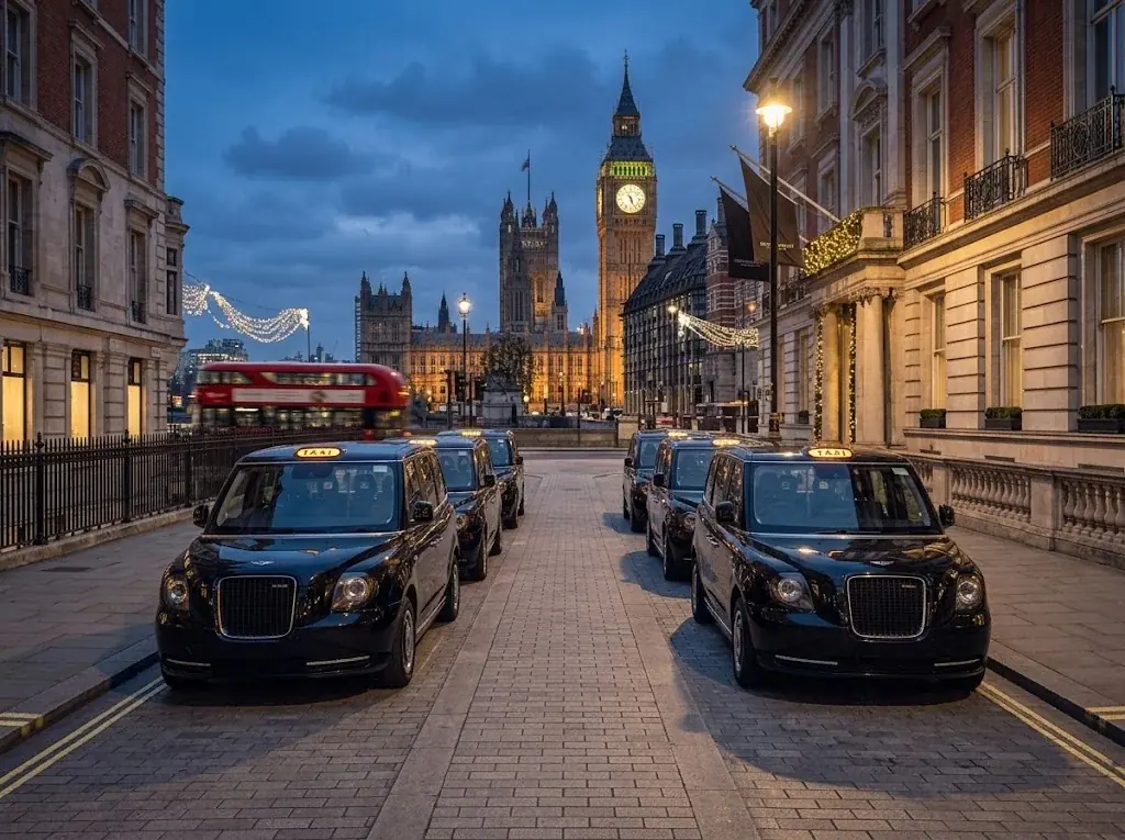 Fleet of black taxis lined up on a London street with Big Ben at dusk