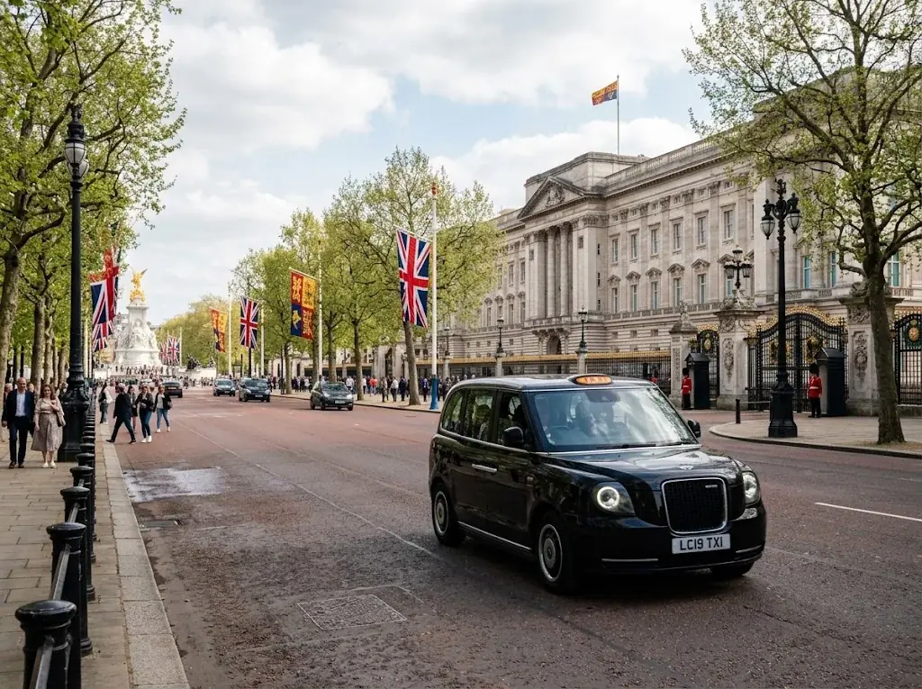 Black taxi driving along a tree-lined London avenue decorated with Union Jack flags