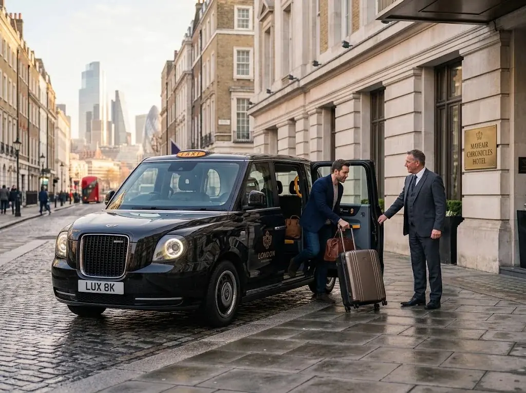 Driver helping a passenger with a suitcase at the kerbside next to a black taxi