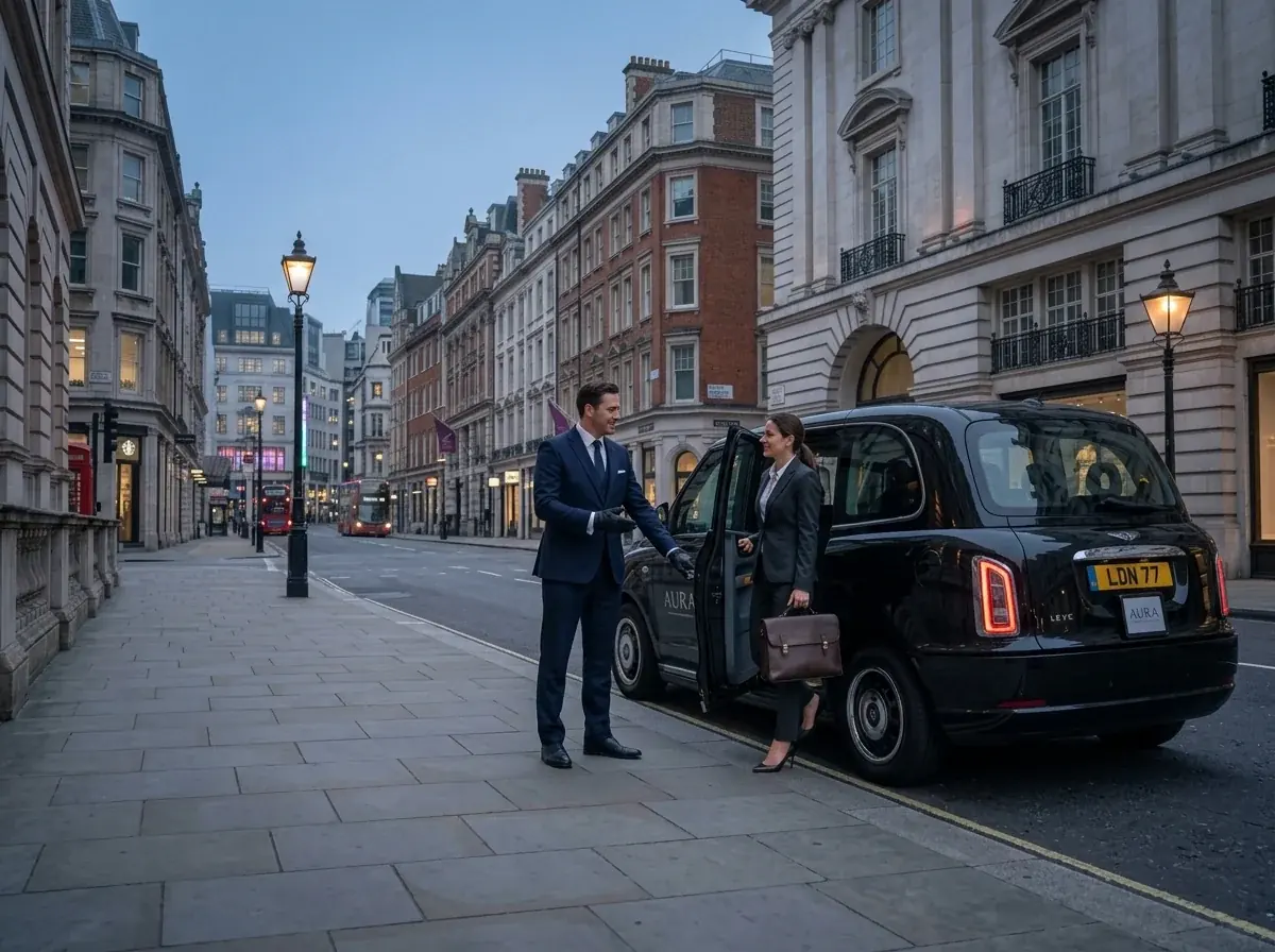 Driver welcoming a passenger at the rear door of a private hire taxi