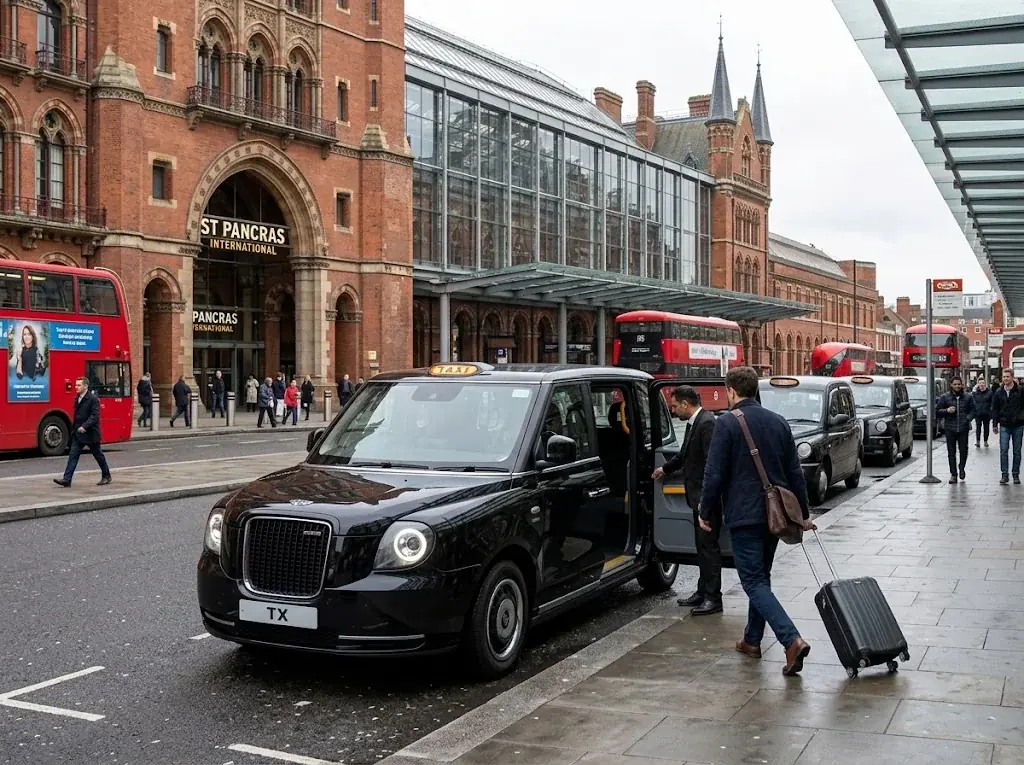 Passenger with a suitcase boarding a black taxi outside St Pancras station