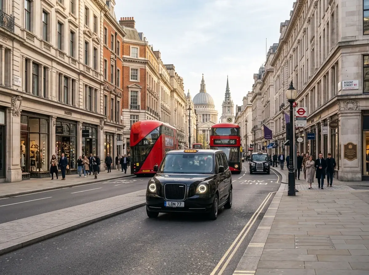 Black taxi driving along a central London shopping street beside a red bus