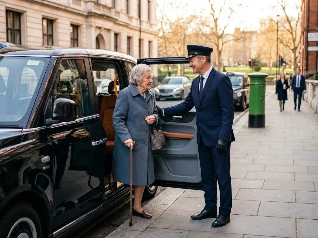 Chauffeur helping an elderly passenger step out of a black taxi on a London street