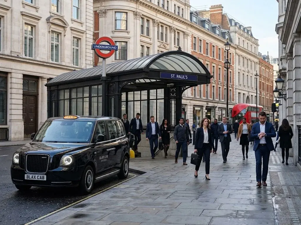 Black taxi waiting beside an Underground station entrance as commuters walk past