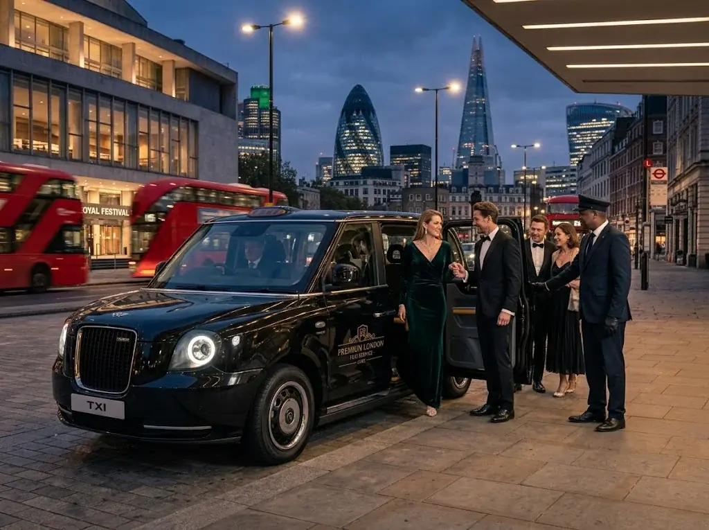 Group of passengers boarding a black taxi outside a London station at dusk