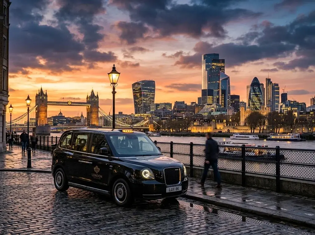 Black taxi parked on the Thames riverside with Tower Bridge and the City skyline at sunset