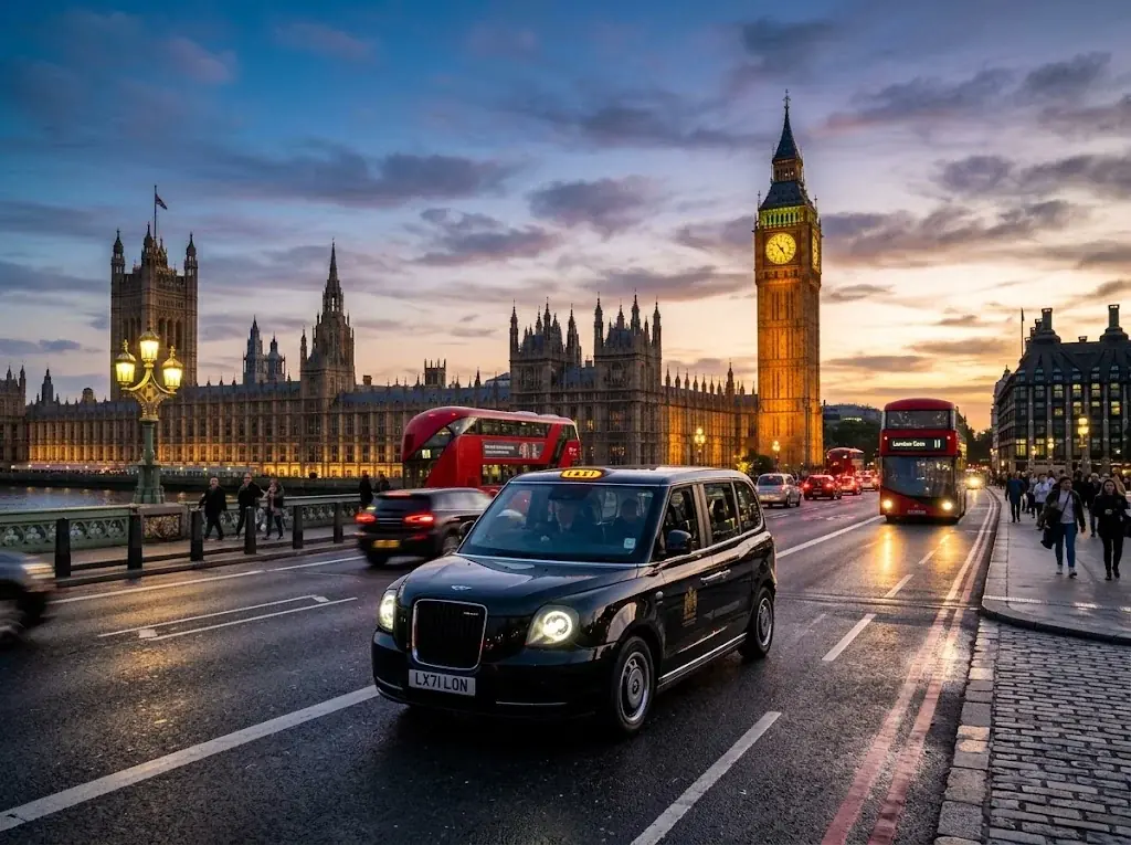 Black taxi crossing Westminster Bridge with Big Ben and Parliament at dusk
